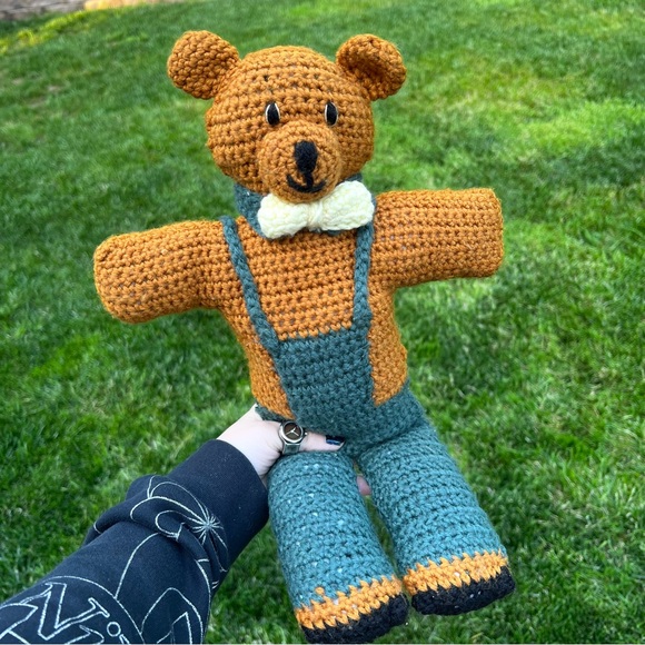 Handmade Hand Knitted Teddy Bear with Bow Tie and Overalls 18" Tall - Picture 1 of 6